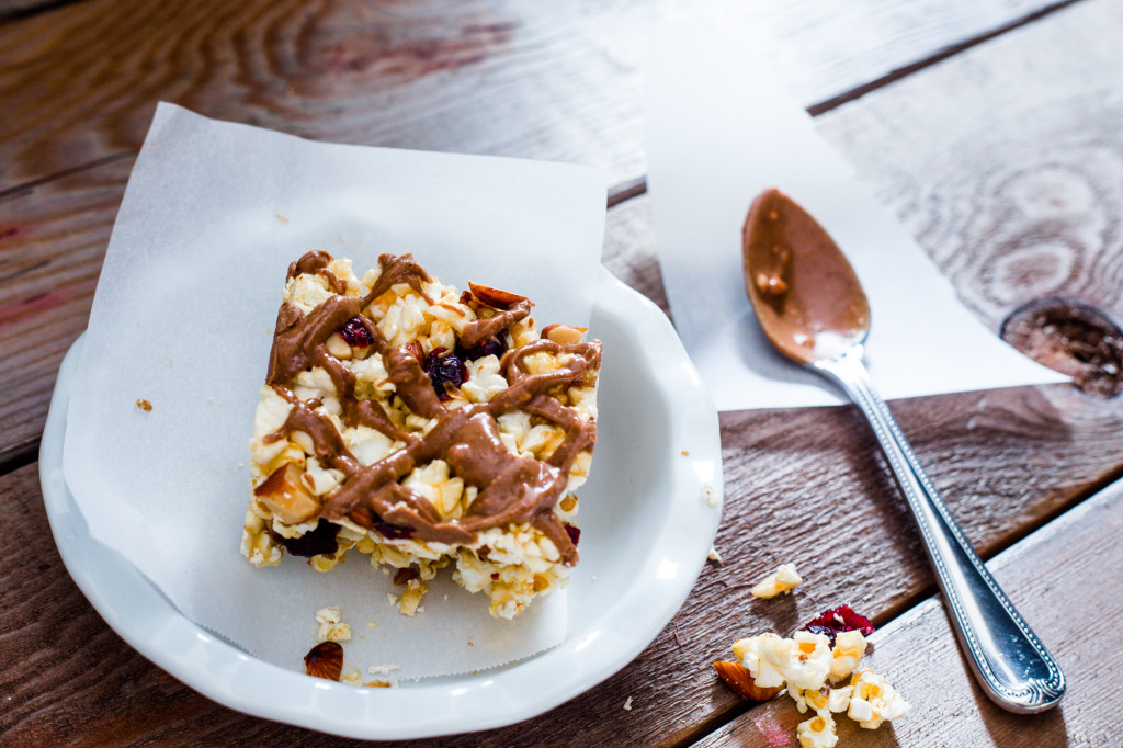 Almond Popcorn Bars with Almond Butter Drizzle