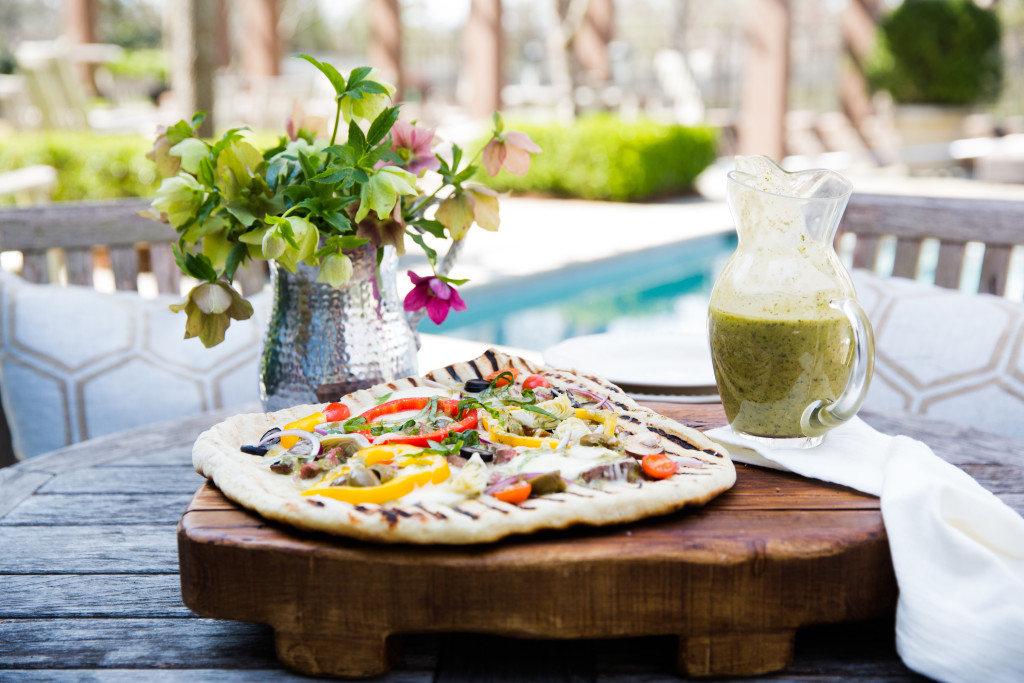 Grilled Pizza with Flank Steak and flowers