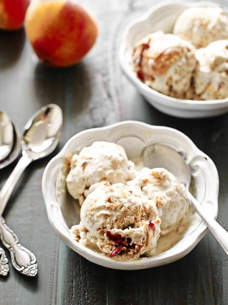 two bowls of gluten free peach cobbler ice cream