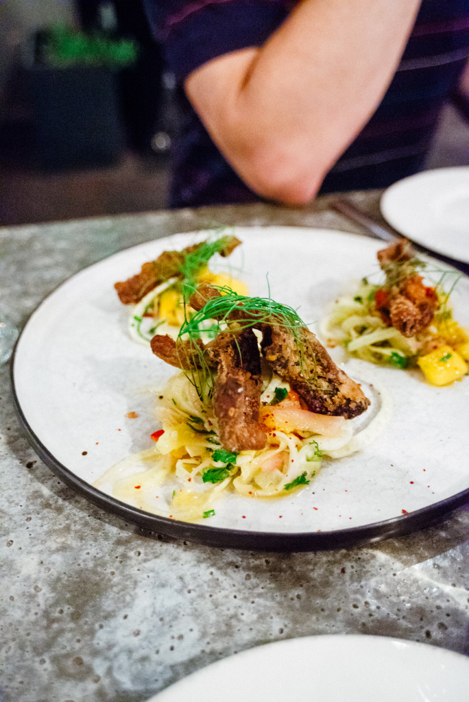 Course 2: Mango and fennel salad, fried chicken kinds, aleppo Beer: Schneider Aventinus Cuvee Barrique