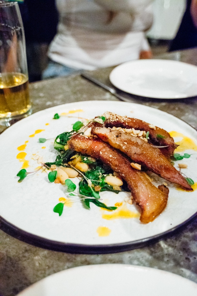 Course 3: Pork jowl, white beans, dandelion greens, charred onion vinaigrette, cashews Beer: Aecht Schlenker Oak Smoked Doppelbock