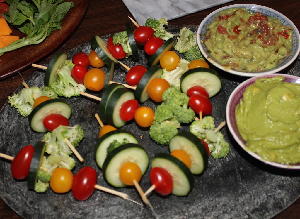 Veggie skewers a plenty with choice of guacamole dips.