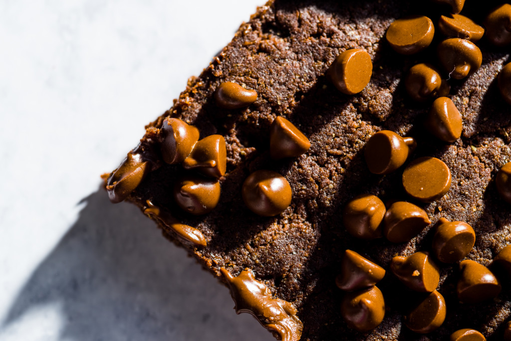 Vegan chocolate chip brownie close-up