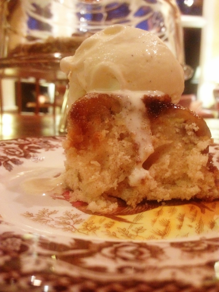 Warm cake with homemade vanilla ice cream.